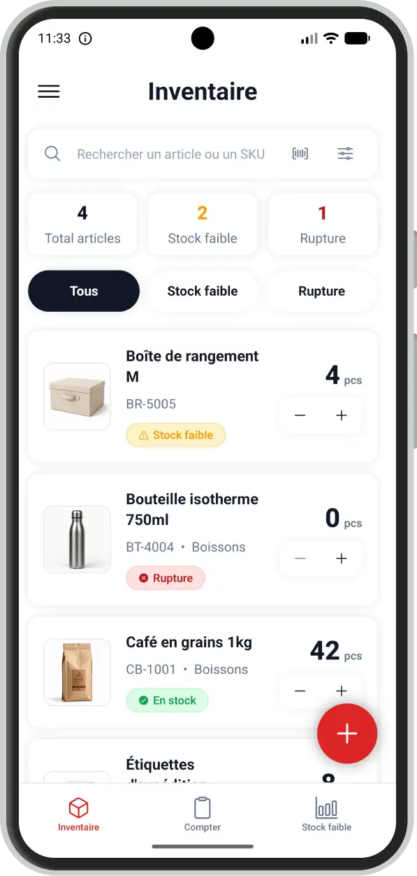 Écran d'inventaire Countory montrant la liste des articles avec quantités et statuts